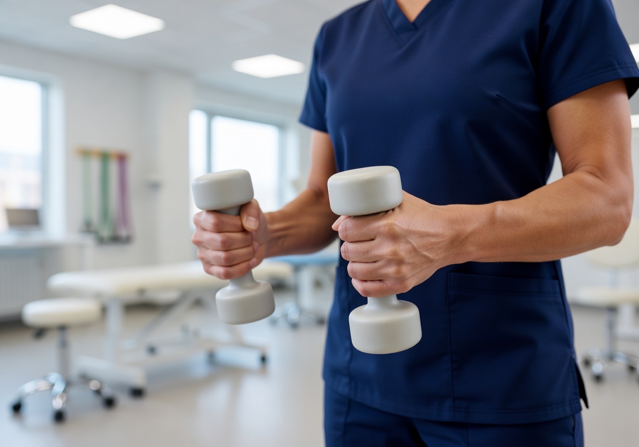 Close up of a physical therapist holding weights in a bright clinical setting