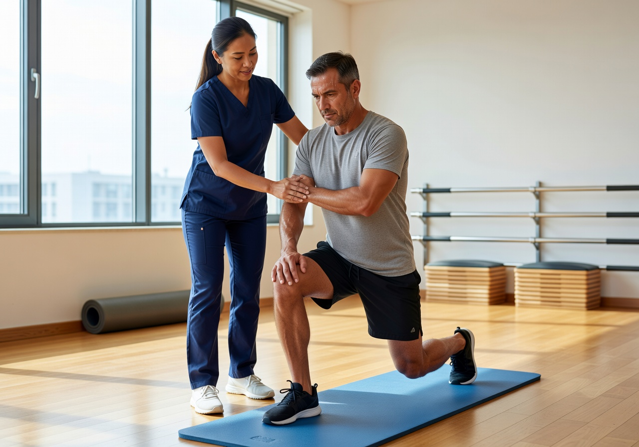 Physical therapist assisting a client with mobility exercises in a well-lit studio