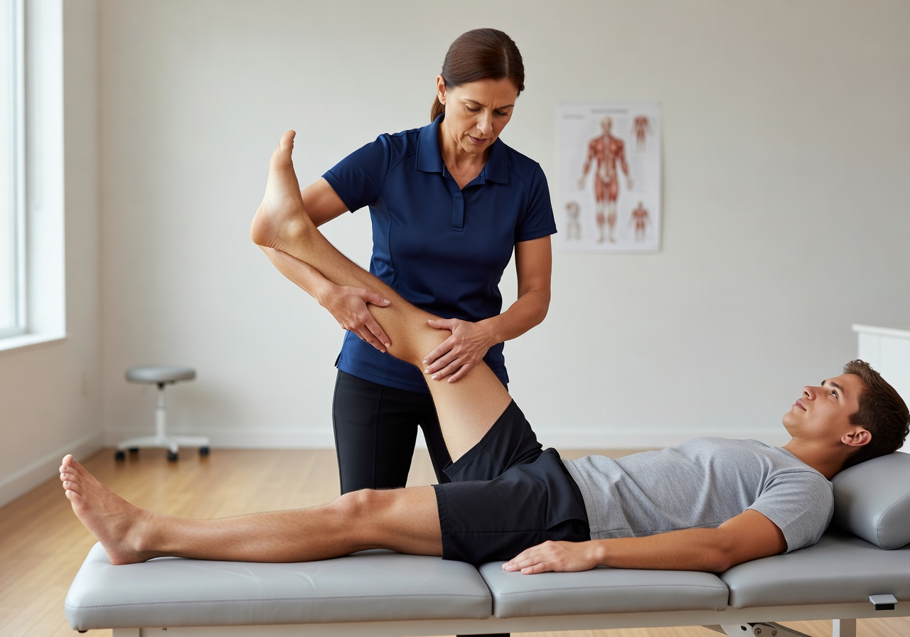 Therapist demonstrating stretching techniques on a therapy bed